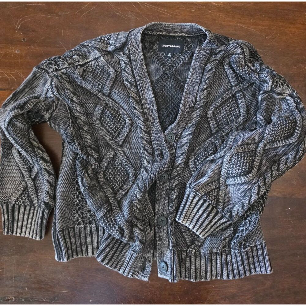XS Lucky Brand cardigan is a charcoal cable knit button-up featuring a heavy aci